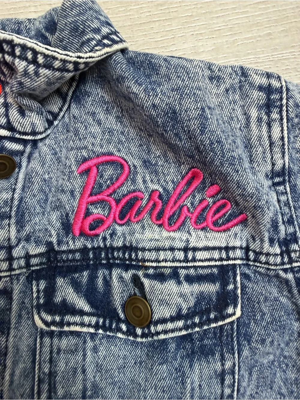 Barbie Denim Jacket Kids XL Embroidered Logo Blue Jean Jacket Youth XL